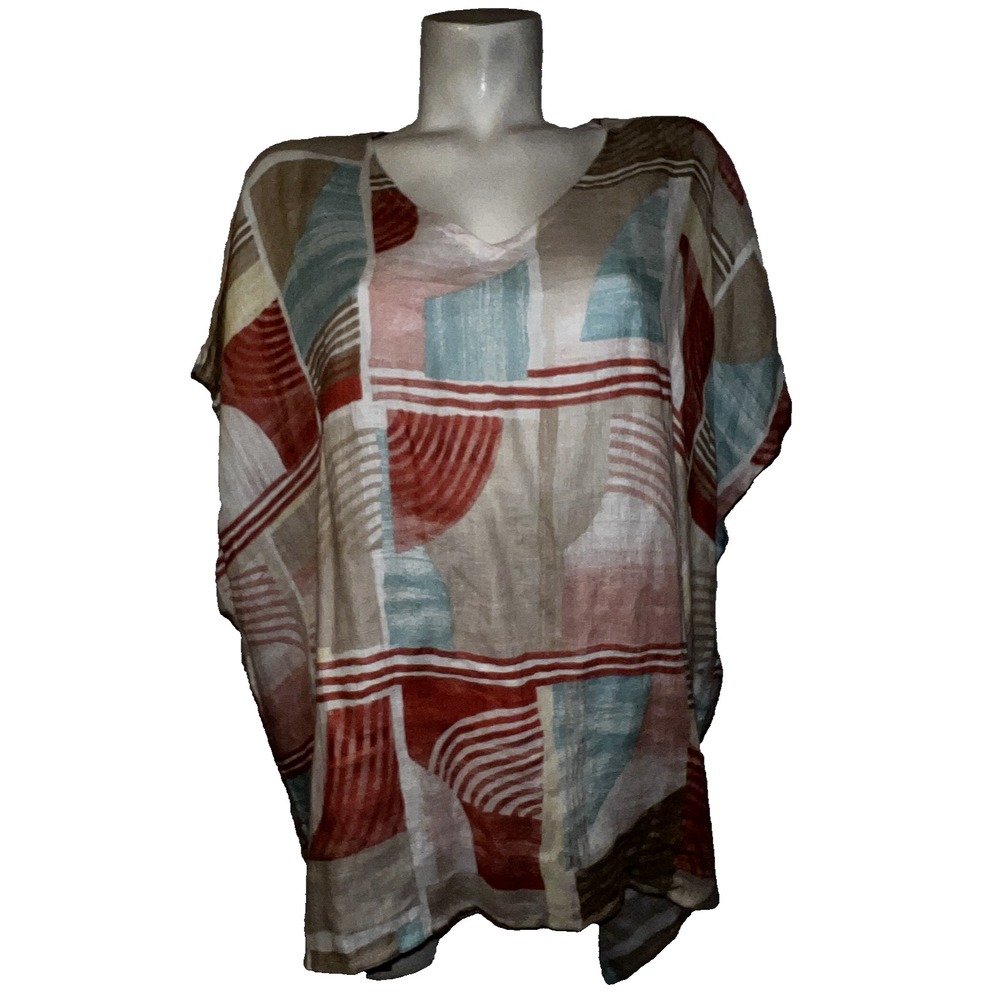 Chico's 100% Linen Geometric Abstract Poncho Top V-Neck Size L/XL‎ Multi-Color